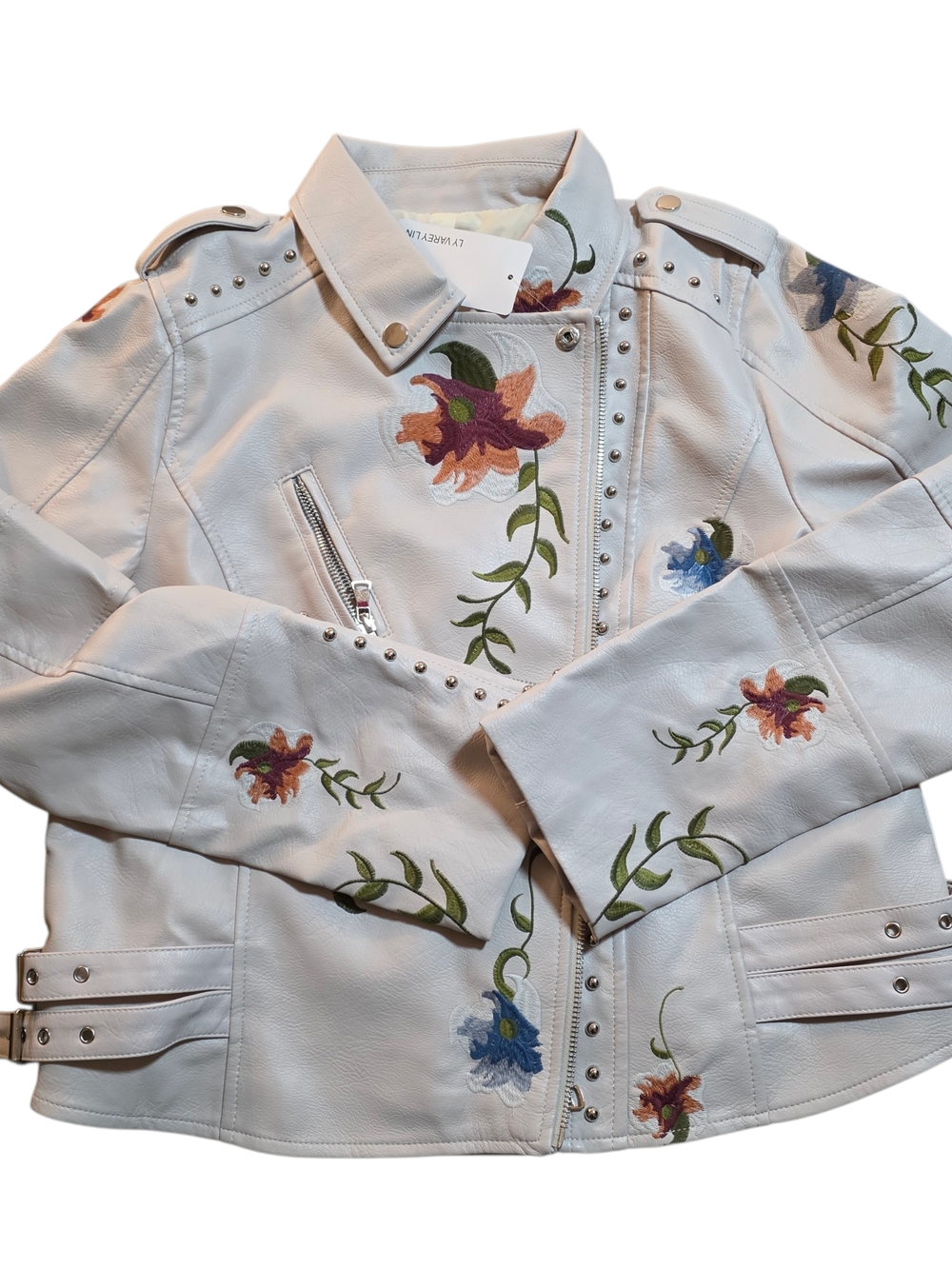 LV Varey Lin Floral Embroidered Moto Jacket Cream Studded Faux Leather XL NWT - Picture 4 of 10